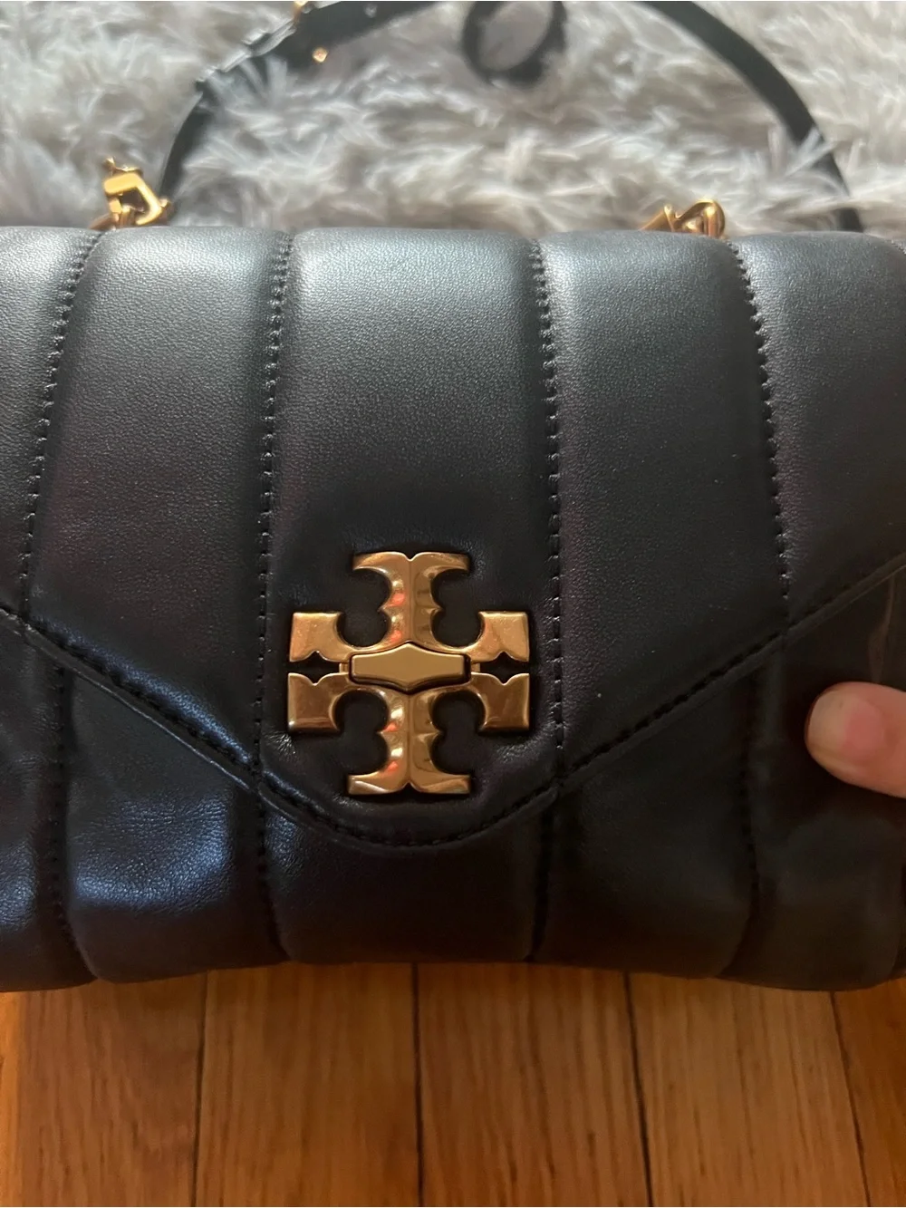 Tory Burch Black Quilted Leather Crossbody with Gold Logo with Top Handle